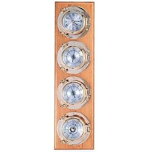 Clock, Barometer, Thermometer and Hygrometer Brass Porthole Weather Station on Oak Wood...