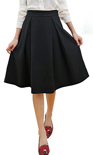 Liliumoon タック プリーツ Aライン フレア スカート 無地 裏地付 ミディアム ひざ 丈 レディース ファッション S M L XL サイズ