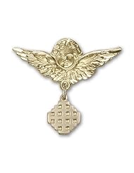 14K Gold Baby Badge with Jerusalem Cross Charm and Angel with Wings Badge Pin