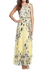 Chiffon Sleeveless Floral Print Belted Pleated Maxi Dress 