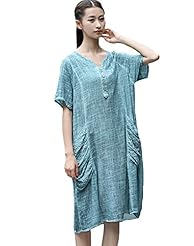 V-neck Summer Raglan Sleeves Linen  Dress