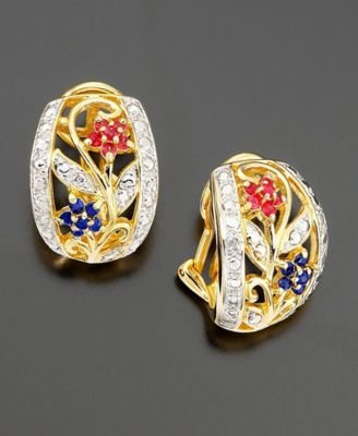 18k Gold Over Sterling Silver Ruby & Sapphire Earrings