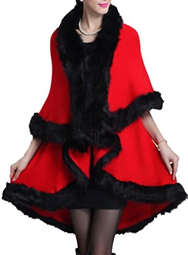 Helan Women's Faux Fox Fur Double Layers Shawl Cloak Cape Coat