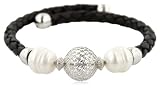 Sterling Silver Openwork Bead and Black Leatherette Freshwater Cultured Pearl Coil Bracelet , 9.75