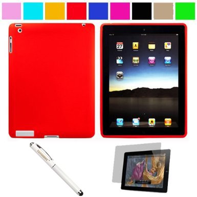Premium Rubberized Protective Soft Silicone Skin Cover Case for Verizon Wireless New Apple iPad 2 (16GB, 32GB 64GB) 2nd Generation and AT&T Apple iPad 2nd Generation iPad 2 Wireless Tablet + Anti-Glare Clear Screen Protector for Apple iPad 2 Tablet + Executive White Stylus Pen with Laser Pointer and LED Light, Red