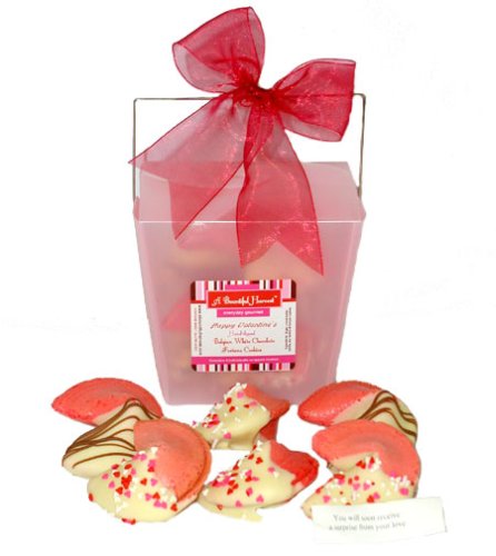 White Belgian Chocolate Dipped Valentine Fortune Cookies In Pink Container by A Bountiful Harvest