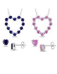 Sterling Silver Created Sapphire Created Pink Sapphire and Accent Diamond Earring and Pendant Set (0.012 Cttw, G-H Color, I3 Clarity)