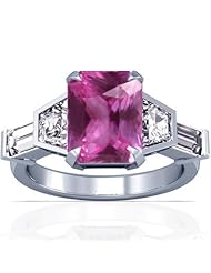 18K White Gold Emerald Cut Pink Sapphire Ring With Sidestones