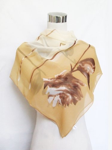 Georgette Hand Sewn Dark Brown Floral Print on Camel - Silk Square Scarf 34 x 34