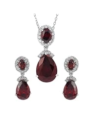 Alexandria Collection Sterling Silver Red Cubic Zirconia Pear-cut Drop Vintage Necklace Earring Set