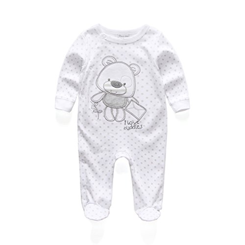 RFL1021 Kiddiezoom Unisex-baby Sleepwear Jumpsuits Bear Pattern Rompers with Long Sleeve (White,0-3Months)