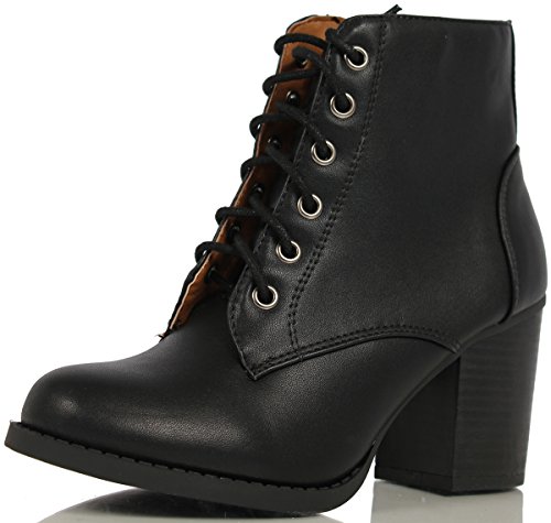 Soda Women's Korman Faux Leather Lace Up High Chunky Heel Ankle Booties, Black, 8 M US