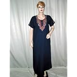 Wedding Gift Embroidered Caftan Kaftan for Night Wear or Casual Lounge Dress Navy Blue Round-neckline Size L Free Shipping