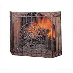 Fireplace Screen - Tri-panel with Stamped Medallion Design and Scroll Accent From CBK Home