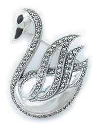 Silverflake -Marcasite Swan Pin Brooch with Inlay