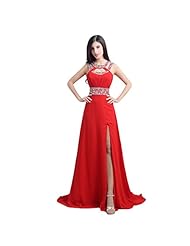 2015 Chiffon  Slit Backless Open-Back Sequined Round Neck Sleeveless Evening Dress/Prom Dress/Party Dress/Wedding Dress  With Rhinestones