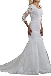 Modest Natural   Waistline Satin Lace Illusion Mermaid Wedding Dress 