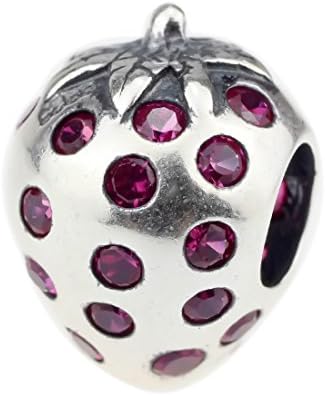 Beads Hunter 925 Sterling Silver Charm Bead Dark Pink Zircon Strawberry Fit European Bracelet Chain
