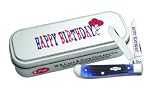 Case Cutlery 25671 Happy Birthday Gift Tin Mini Trapper with Rogers Corn Cob Jigged Blue Bone Handle