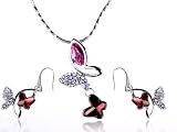 Rose Pink Red Butterfly Dangle Swarovski Crystal Rhinestone Necklace Earring Set