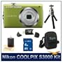 Nikon CoolPix S3000 Digital Camera (Green), 12 Megapixel, 4x, 27-108mm Equivalent Zoom, 2.7" LCD, Video with Sound, 4 GB Memory, Digpro Camera Case, Lens Cleaner, Card Reader, and Tripod