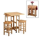 Breakfast Bar Cart Set with Drop-Leaf Table and 2 Stools