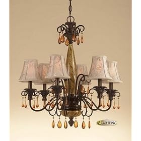 Savonnerie 6 Lt Chandelier w Reverse Painted glass and Amber beads by AF LIGHTING