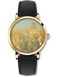 SPRAWL Aanalog Fashion Series Gold Ladies Watches of Genuine Black Leather Strap,Unique Wrist Watch for Women Girls Designed with daisy flowers