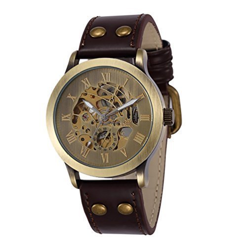Gute Retro Steampunk See Through Skeleton Mechanical Watch Brass Case Self-wind Automatic Roman Wristwatch