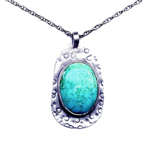 Sterling Silver Hammered Reticulated Turquoise Pendant, MADE IN AMERICA