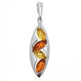 Certified Genuine Multicolor Amber and Sterling Silver Marquise Pendant