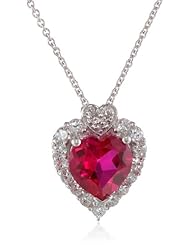 Sterling Silver Created Ruby and Round Created White Sapphire with Diamonds Heart Pendant Necklace, 18"