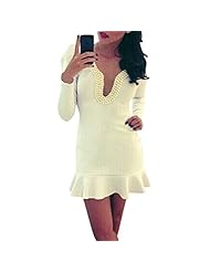 Sexy V-neck  Cotton Long Sleeves Mini Dress  With Pearls