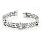 Choice of Stainless Steel Grey, Black or Yellow Cable w  Sterling Silver X Design Bangle Cuff...