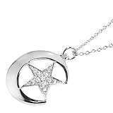 Sterling Silver Colorless Cubic Zirconia Star and Moon Necklace .925 Stamp Hypoallergenic