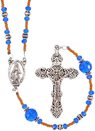 Heirloom Quality Oval Holy Blessed Virgin Mary Medal Vintage Design Pendant Rosary with 5 x 5mm Capped Antique Silver Rondelle Tibetan Style and Capped Blue Round Faceted Transparent Glass Our Father Beads with Tibetan Style Ornate Crucufix Gift Boxed