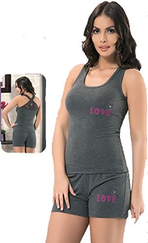 Women Sexy Cotton Summer Pajama Short Set Gray with Back Lace (Large (fits Medium US Size), Solid Gray)