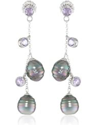Sterling Silver Amethyst and Tahitian Cultured Pearl Drop Earrings (8-9mm)