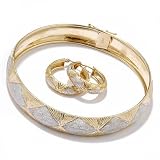 10K WG/YG Diamond Pattern Bangle Bracelet & Hoop Earrings Set