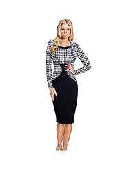 Cotton Round Neck Houndstooth Print Cocktail Long Sleeves Party Dress 