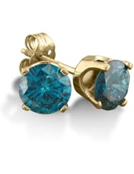 14 K Yellow Gold Blue Diamond Stud Earrings 1 cttw.