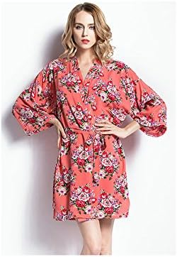 PrettyBash Floral Print Cotton Kimono Robe One Size Fits Most US Sizes 2-8 Bride Bridesmaids Bridal Robes (Coral Reef)