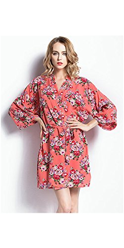 PrettyBash Floral Print Cotton Kimono Robe One Size Fits Most US Sizes 2-8 Bride Bridesmaids Bridal Robes (Coral Reef)
