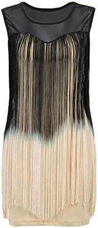 Straip Women's 1920s Sheer Round Neck Trim Flapper Dress with Long Ombre Tassels, XS, Beige
