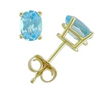 14K Yellow Gold Four Prong 6x4mm Oval Blue Topaz Stud Earrings