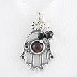 Hamsa Hand Pendant with Garnet Gemstone and Black Onyx Beads in Sterling Silver on 16" Sterling Box Chain, #8380