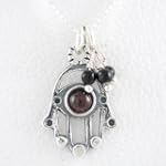 SAVE $28 - Hamsa Hand Pendant with Garnet Stone and Onyx Beads in Sterling Silver on 16" Sterling Box Chain, #8380 $28.00