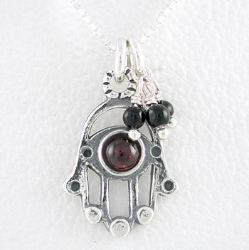 Hamsa Hand Pendant with Garnet Gemstone and Black Onyx Beads in Sterling Silver on 16" Sterling Box Chain, #8380
