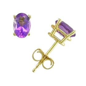 14k Yellow Gold Four Prong 6x4mm Oval Amethyst Stud Earrings