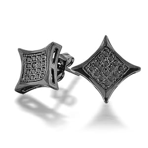 Bling Jewelry Black Onyx Color CZ Kite Micro Pave Mens Stud Earrings 7mm